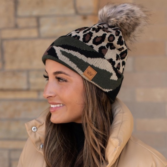 Accessories - Leopard & Camo Fleece Lined Faux Fur Pom Beanie